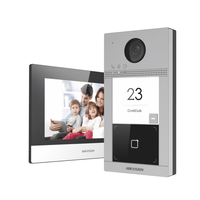 Hikvision video intercom system showing family on screen