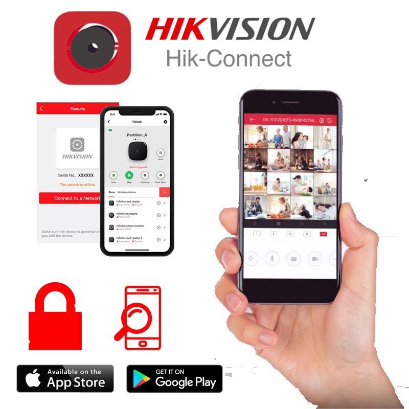 Hikvision Hik-Connect app Hikvision Hik-Connect app displaying live CCTV feeds on smartphone