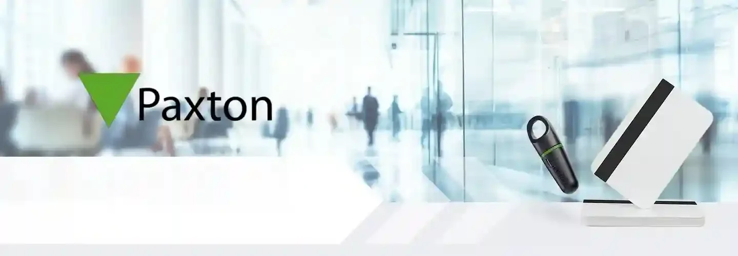 Paxton access control devices and modern glass office entrance